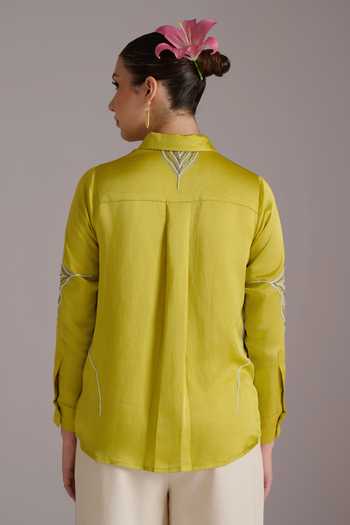 JAYN India Green Satin, Linen Collared Neck Fatima Embroidered Shirt Online at Aza Fashions JAYN India_Green Satin, Linen Collared Neck Fatima Embroidered Shirt _Online_at_Aza_Fashions