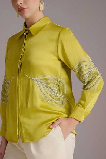 Buy JAYN India Green Satin, Linen Collared Neck Fatima Embroidered Shirt Online at Aza Fashions Buy_JAYN India_Green Satin, Linen Collared Neck Fatima Embroidered Shirt _Online_at_Aza_Fashions