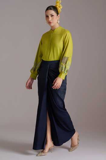 JAYN India_Green Tencel, Cotton, Denim Ishita Sleeve Embroidered Shirt And Draped Skirt Set _Online_at_Aza_Fashions
