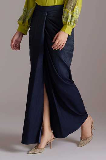 Buy_JAYN India_Green Tencel, Cotton, Denim Ishita Sleeve Embroidered Shirt And Draped Skirt Set _Online_at_Aza_Fashions