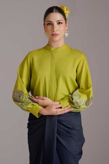 Shop_JAYN India_Green Tencel, Cotton, Denim Ishita Sleeve Embroidered Shirt And Draped Skirt Set _Online_at_Aza_Fashions