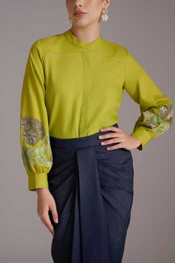 JAYN India_Green Tencel, Cotton, Denim Ishita Sleeve Embroidered Shirt And Draped Skirt Set _at_Aza_Fashions