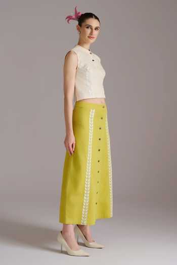 JAYN India_Ivory Cotton, Tencel Mandarin Collar Resham Embroidered Crop Top And Skirt Set _Online_at_Aza_Fashions