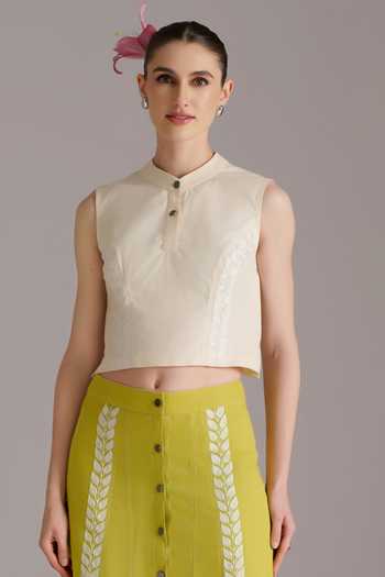 Buy_JAYN India_Ivory Cotton, Tencel Mandarin Collar Resham Embroidered Crop Top And Skirt Set _Online_at_Aza_Fashions