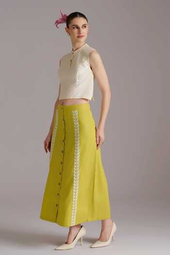 Shop_JAYN India_Ivory Cotton, Tencel Mandarin Collar Resham Embroidered Crop Top And Skirt Set _Online_at_Aza_Fashions
