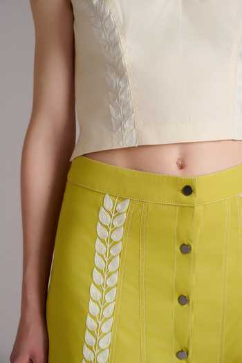 Buy_JAYN India_Ivory Cotton, Tencel Mandarin Collar Resham Embroidered Crop Top And Skirt Set 