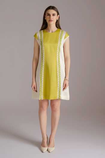 JAYN India Green Satin, Linen Round Neck Color Block Panelled Short Dress Online at Aza Fashions JAYN India_Green Satin, Linen Round Neck Color Block Panelled Short Dress _Online_at_Aza_Fashions