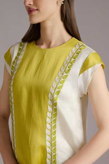 Buy JAYN India Green Satin, Linen Round Neck Color Block Panelled Short Dress Online at Aza Fashions Buy_JAYN India_Green Satin, Linen Round Neck Color Block Panelled Short Dress _Online_at_Aza_Fashions