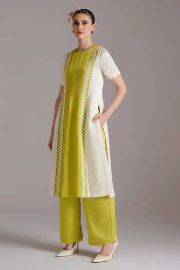 JAYN India_Green Satin, Linen Round Neck Sejal Color Block Kurta And Pant Co-ord Set _Online_at_Aza_Fashions