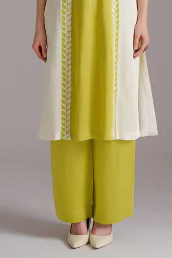 Buy_JAYN India_Green Satin, Linen Round Neck Sejal Color Block Kurta And Pant Co-ord Set _Online_at_Aza_Fashions