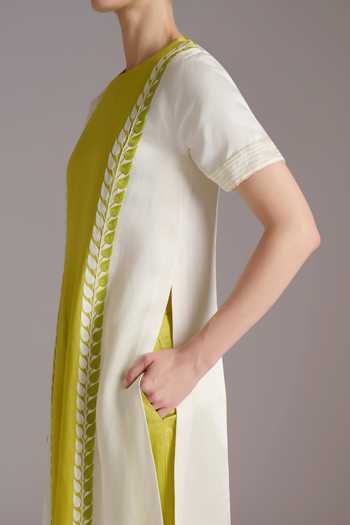 Shop_JAYN India_Green Satin, Linen Round Neck Sejal Color Block Kurta And Pant Co-ord Set _Online_at_Aza_Fashions