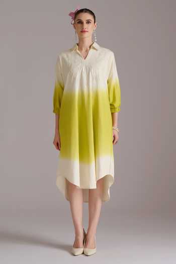 JAYN India Green Cotton, Tencel V-, Collared Ombre Shirt Dress Online at Aza Fashions JAYN India_Green Cotton, Tencel V-, Collared Ombre Shirt Dress _Online_at_Aza_Fashions