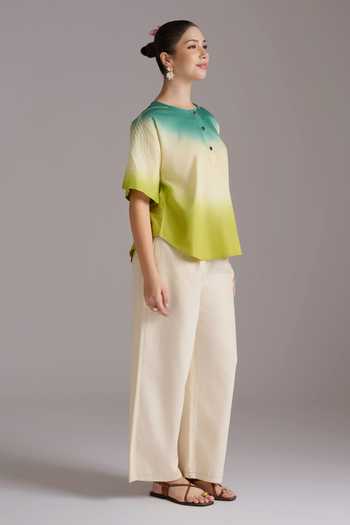 JAYN India Green Cotton, Tencel Round Neck Ombre And Embroidered Top Online at Aza Fashions JAYN India_Green Cotton, Tencel Round Neck Ombre And Embroidered Top _Online_at_Aza_Fashions