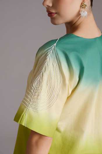 Shop JAYN India Green Cotton, Tencel Round Neck Ombre And Embroidered Top Online at Aza Fashions Shop_JAYN India_Green Cotton, Tencel Round Neck Ombre And Embroidered Top _Online_at_Aza_Fashions