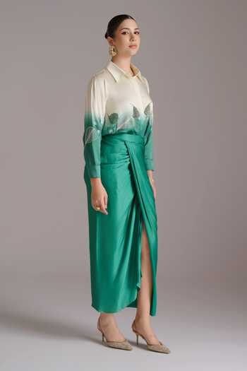JAYN India_Green Satin, Linen Collared Neck Ombre Embroidered Shirt And Draped Skirt Set _Online_at_Aza_Fashions