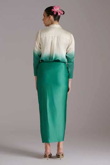 JAYN India Ombre Embroidered Shirt & Draped Skirt Set 
