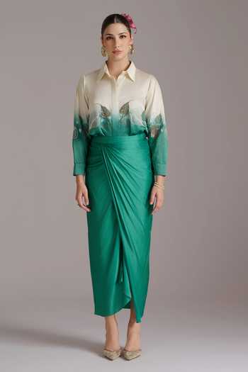 JAYN India Ombre Embroidered Shirt & Draped Skirt Set 