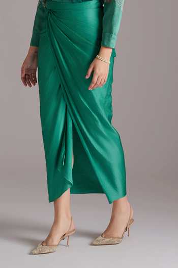 Buy_JAYN India_Green Satin, Linen Collared Neck Ombre Embroidered Shirt And Draped Skirt Set _Online_at_Aza_Fashions