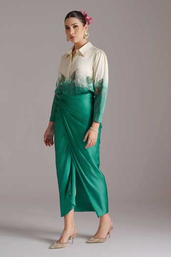Shop_JAYN India_Green Satin, Linen Collared Neck Ombre Embroidered Shirt And Draped Skirt Set _Online_at_Aza_Fashions