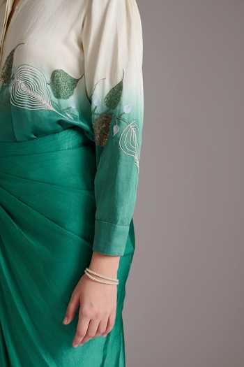 JAYN India_Green Satin, Linen Collared Neck Ombre Embroidered Shirt And Draped Skirt Set _at_Aza_Fashions