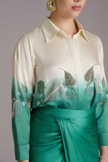 Buy_JAYN India_Green Satin, Linen Collared Neck Ombre Embroidered Shirt And Draped Skirt Set 