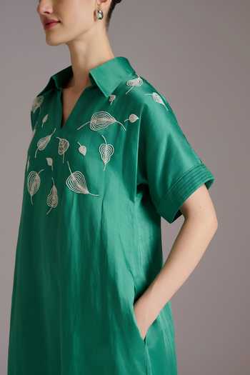 JAYN India_Emerald Green Satin, Linen Collared Neck Moti Embroidered Dress _Online_at_Aza_Fashions