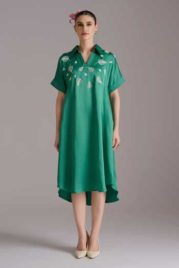 Buy_JAYN India_Emerald Green Satin, Linen Collared Neck Moti Embroidered Dress _Online_at_Aza_Fashions