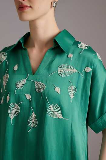 Shop_JAYN India_Emerald Green Satin, Linen Collared Neck Moti Embroidered Dress _Online_at_Aza_Fashions