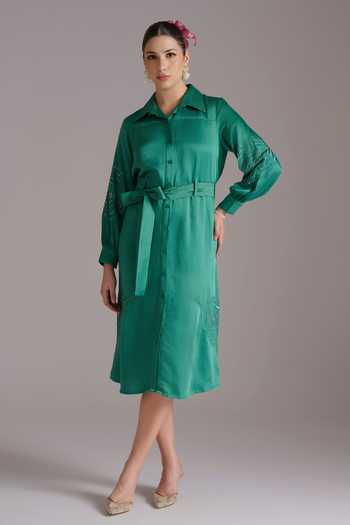 JAYN India Linen Satin Shirt Dress With Belt 