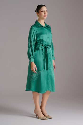 JAYN India_Green Satin, Linen Collared Neck Shirt Dress With Belt _Online_at_Aza_Fashions