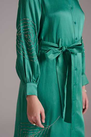 Buy_JAYN India_Green Satin, Linen Collared Neck Shirt Dress With Belt _Online_at_Aza_Fashions