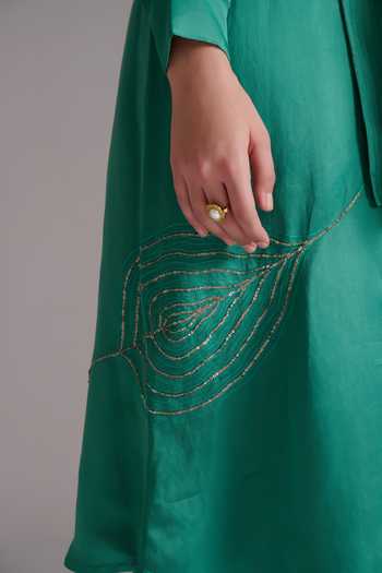Shop_JAYN India_Green Satin, Linen Collared Neck Shirt Dress With Belt _Online_at_Aza_Fashions
