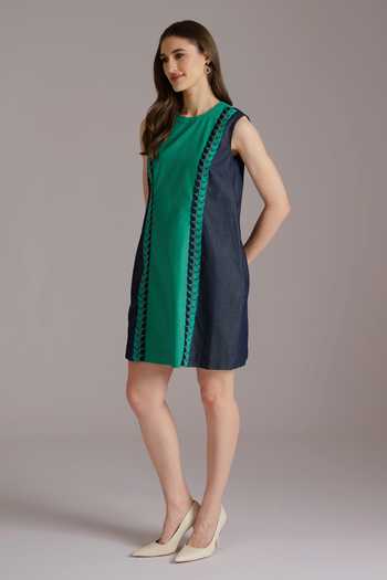 JAYN India Green Cotton, Denim, Tencel Round Neck Color Block Short Dress Online at Aza Fashions JAYN India_Green Cotton, Denim, Tencel Round Neck Color Block Short Dress _Online_at_Aza_Fashions