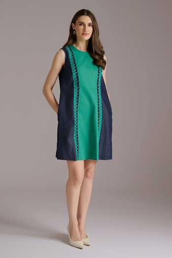 Buy JAYN India Green Cotton, Denim, Tencel Round Neck Color Block Short Dress Online at Aza Fashions Buy_JAYN India_Green Cotton, Denim, Tencel Round Neck Color Block Short Dress _Online_at_Aza_Fashions