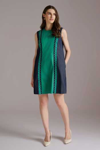 Shop JAYN India Green Cotton, Denim, Tencel Round Neck Color Block Short Dress Online at Aza Fashions Shop_JAYN India_Green Cotton, Denim, Tencel Round Neck Color Block Short Dress _Online_at_Aza_Fashions