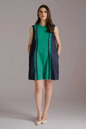 JAYN India Green Cotton, Denim, Tencel Round Neck Color Block Short Dress at Aza Fashions JAYN India_Green Cotton, Denim, Tencel Round Neck Color Block Short Dress _at_Aza_Fashions