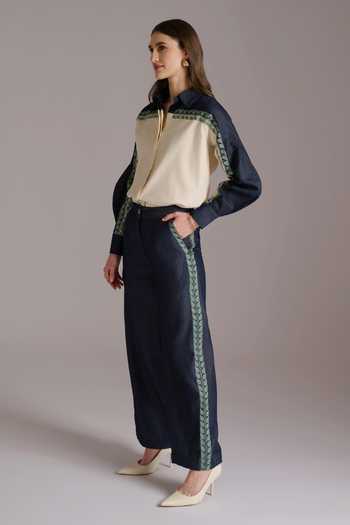 JAYN India Ivory Cotton, Denim, Tencel Collared Neck Embroidered Shirt And Pant Co-ord Set Online at Aza Fashions JAYN India_Ivory Cotton, Denim, Tencel Collared Neck Embroidered Shirt And Pant Co-ord Set _Online_at_Aza_Fashions