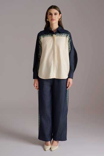 Buy JAYN India Ivory Cotton, Denim, Tencel Collared Neck Embroidered Shirt And Pant Co-ord Set Online at Aza Fashions Buy_JAYN India_Ivory Cotton, Denim, Tencel Collared Neck Embroidered Shirt And Pant Co-ord Set _Online_at_Aza_Fashions