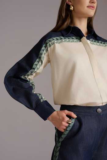 Shop JAYN India Ivory Cotton, Denim, Tencel Collared Neck Embroidered Shirt And Pant Co-ord Set Online at Aza Fashions Shop_JAYN India_Ivory Cotton, Denim, Tencel Collared Neck Embroidered Shirt And Pant Co-ord Set _Online_at_Aza_Fashions