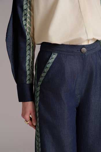 JAYN India Ivory Cotton, Denim, Tencel Collared Neck Embroidered Shirt And Pant Co-ord Set at Aza Fashions JAYN India_Ivory Cotton, Denim, Tencel Collared Neck Embroidered Shirt And Pant Co-ord Set _at_Aza_Fashions