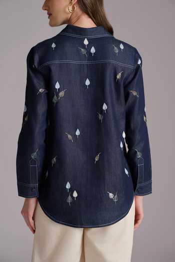 JAYN India Blue Denim Collared Neck Resham Embroidered Shirt Online at Aza Fashions JAYN India_Blue Denim Collared Neck Resham Embroidered Shirt _Online_at_Aza_Fashions