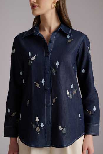 Buy JAYN India Blue Denim Collared Neck Resham Embroidered Shirt Online at Aza Fashions Buy_JAYN India_Blue Denim Collared Neck Resham Embroidered Shirt _Online_at_Aza_Fashions