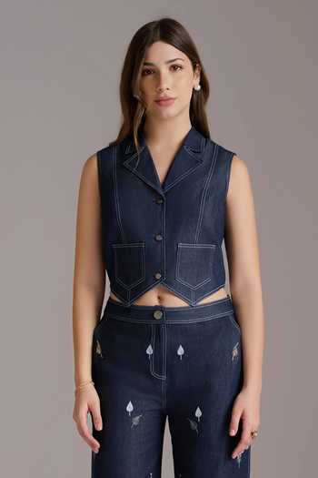 JAYN India_Blue Denim Notched Neck Embroidered Crop Vest And Pant Co-ord Set _Online_at_Aza_Fashions