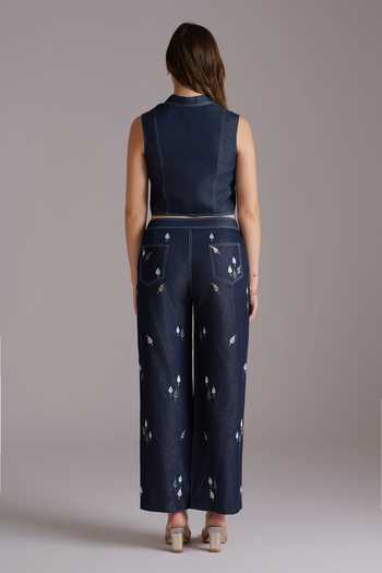 JAYN India Embroidered Denim Crop Vest & Pant Co-ord Set 