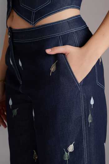 Buy_JAYN India_Blue Denim Notched Neck Embroidered Crop Vest And Pant Co-ord Set _Online_at_Aza_Fashions