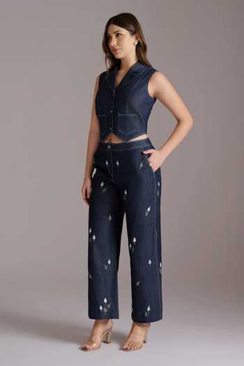 Shop_JAYN India_Blue Denim Notched Neck Embroidered Crop Vest And Pant Co-ord Set _Online_at_Aza_Fashions