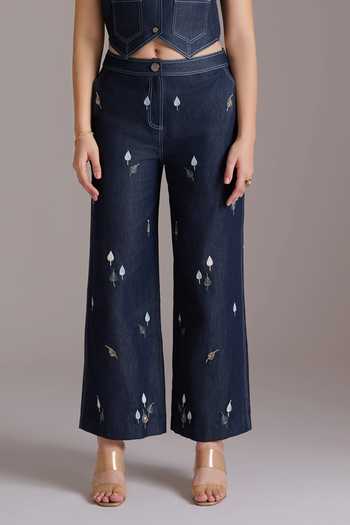 JAYN India_Blue Denim Notched Neck Embroidered Crop Vest And Pant Co-ord Set _at_Aza_Fashions