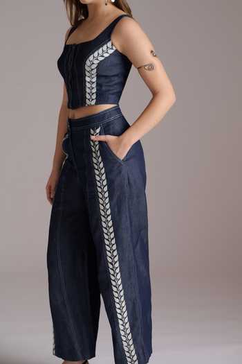 JAYN India Blue Denim Square Neck Embroidered Top And Pant Co-ord Set Online at Aza Fashions JAYN India_Blue Denim Square Neck Embroidered Top And Pant Co-ord Set _Online_at_Aza_Fashions