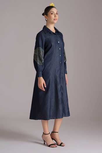 JAYN India Blue Denim Collared Neck Embroidered Shirt Dress Online at Aza Fashions JAYN India_Blue Denim Collared Neck Embroidered Shirt Dress _Online_at_Aza_Fashions