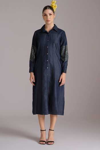 Buy JAYN India Blue Denim Collared Neck Embroidered Shirt Dress Online at Aza Fashions Buy_JAYN India_Blue Denim Collared Neck Embroidered Shirt Dress _Online_at_Aza_Fashions